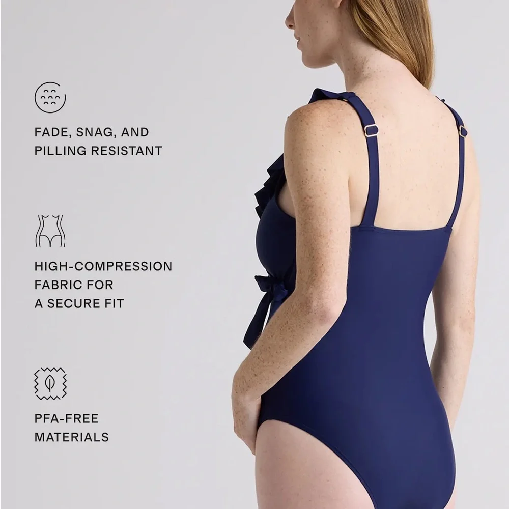 NWT Quince Italian Maternity One-Piece Ruffle Wrap Swimsuit Navy Blue Sz Large - Picture 4 of 11
